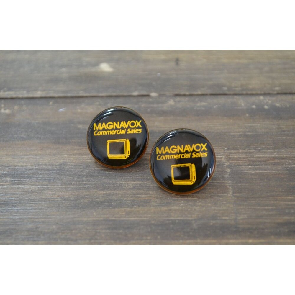Vtg Magnavox Commercial Sales Badge Pin Lot of 2 Gold Tone Enamel Electronics